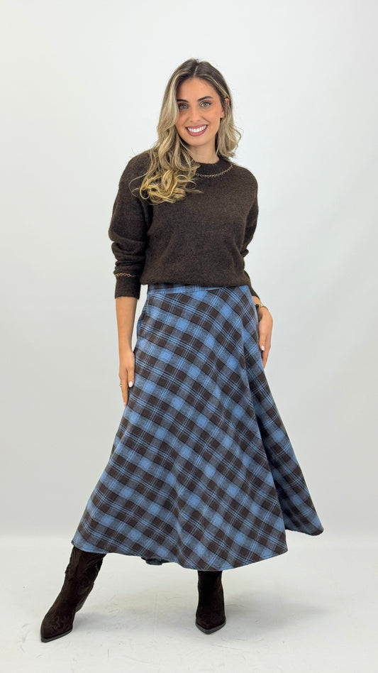 Saia fazenda xadrez castanho e azul