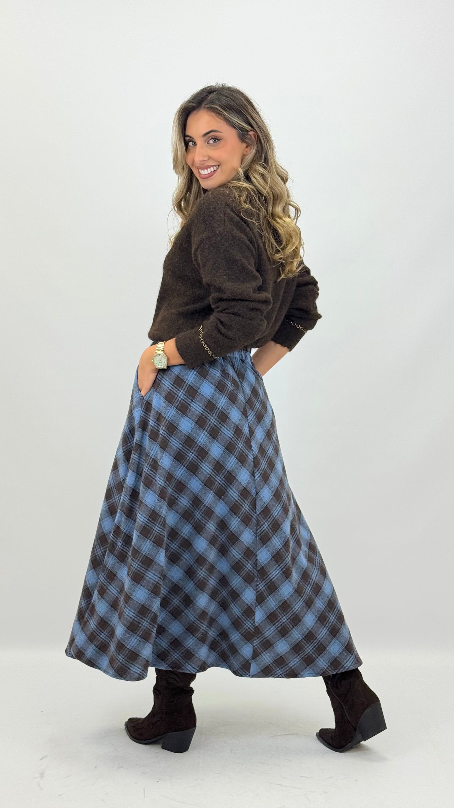 Saia fazenda xadrez castanho e azul