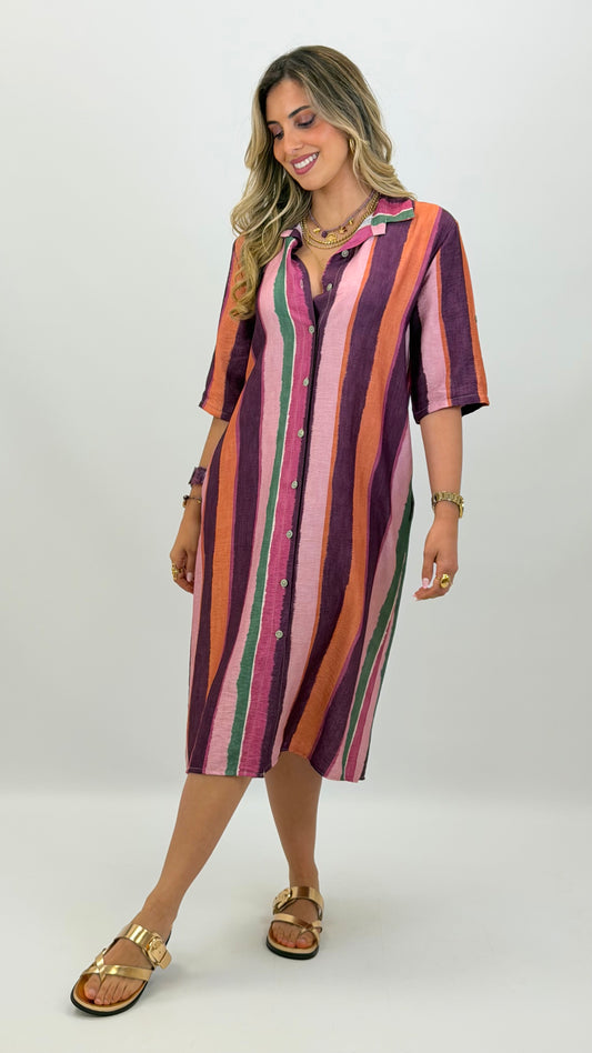 Vestido camiseiro riscas tons rosa
