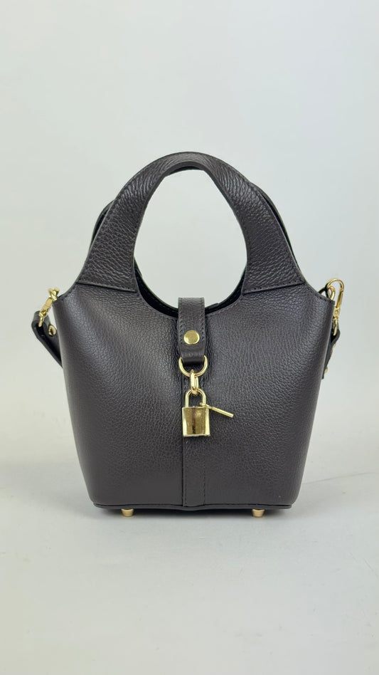 Mala Bucket em pele genuína castanho-escuro