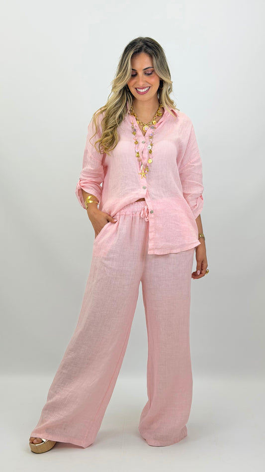 Calça linho rosa-bebé