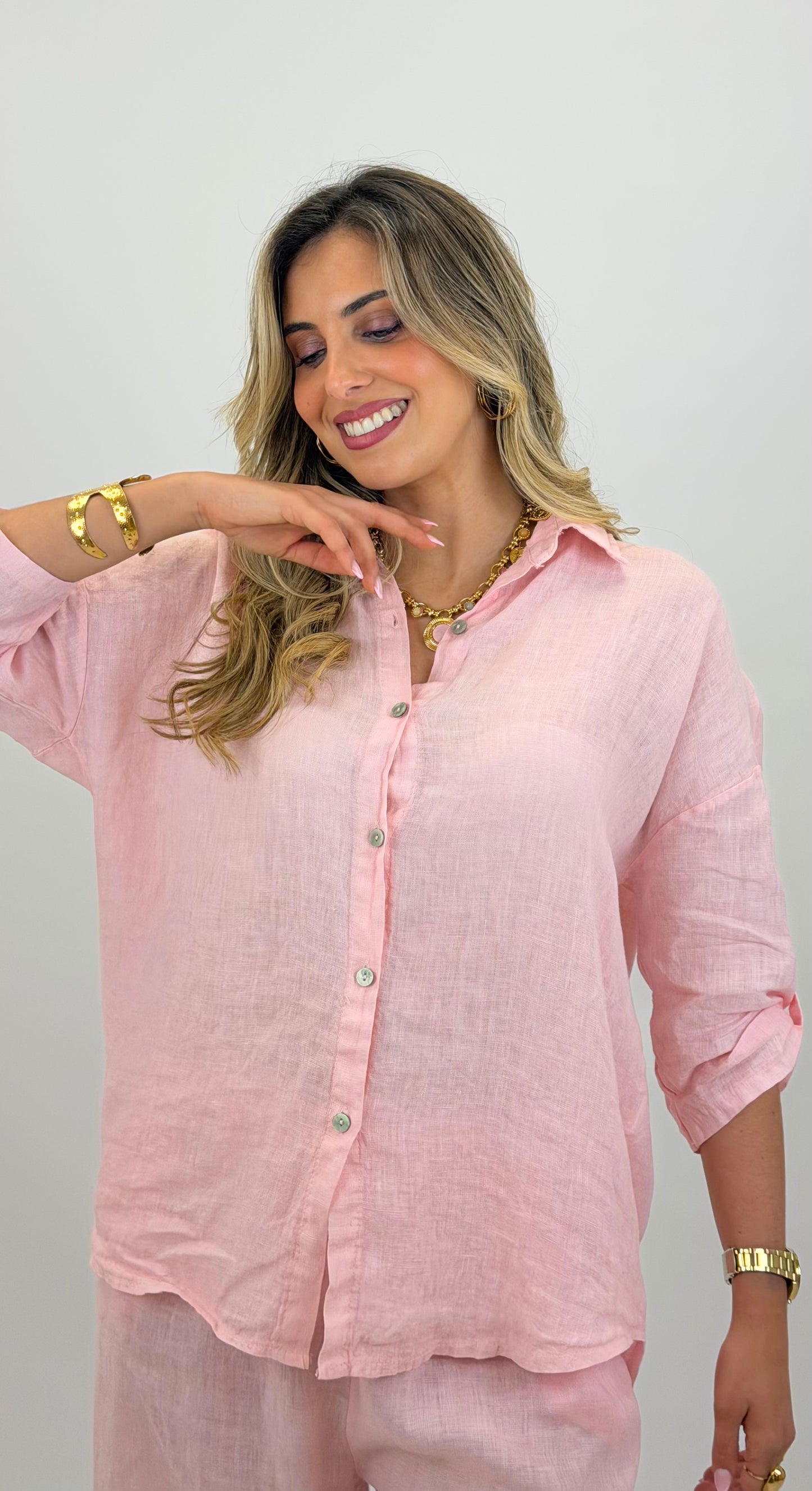 Camisa linho rosa-bebé
