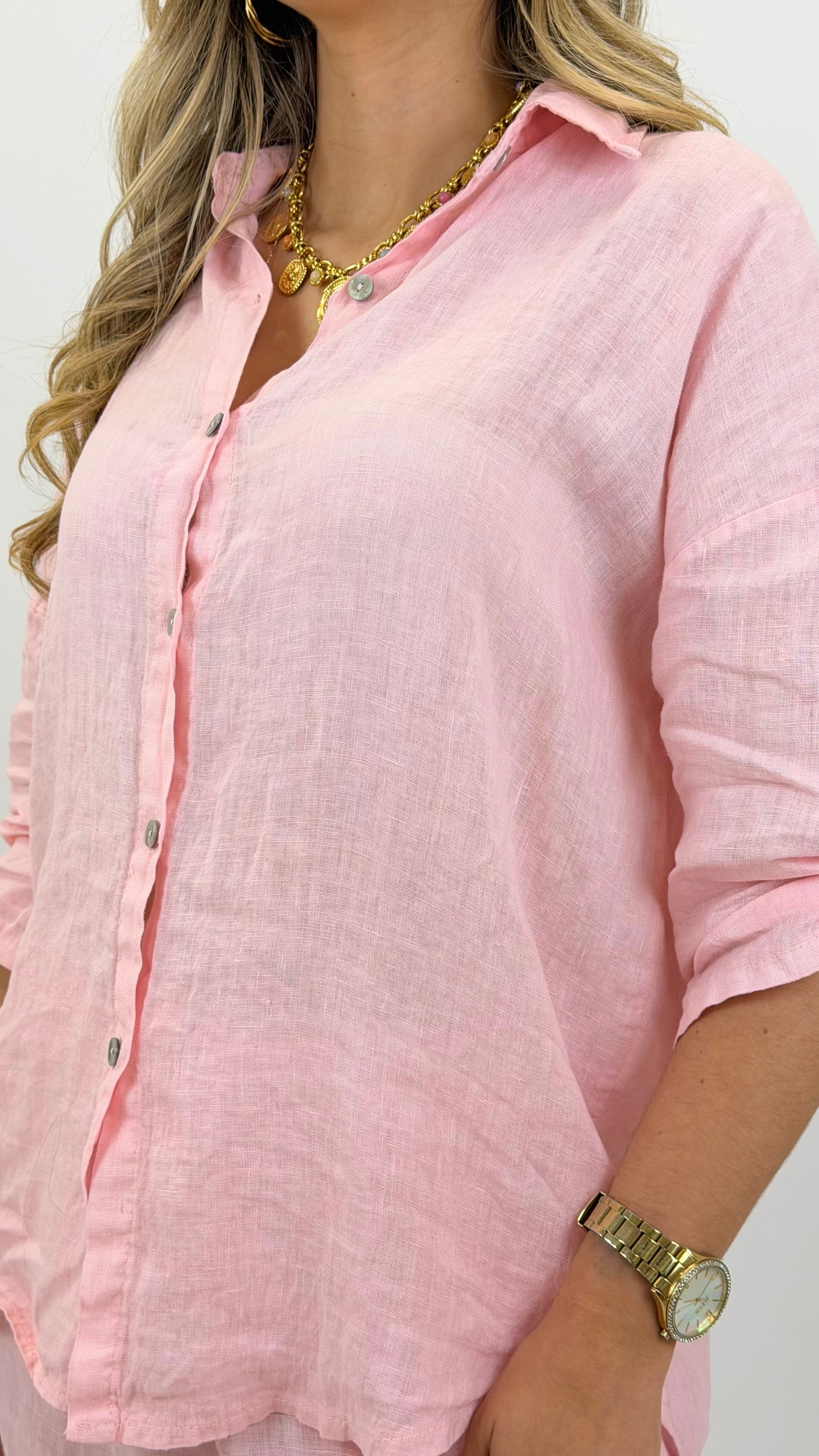 Camisa linho rosa-bebé