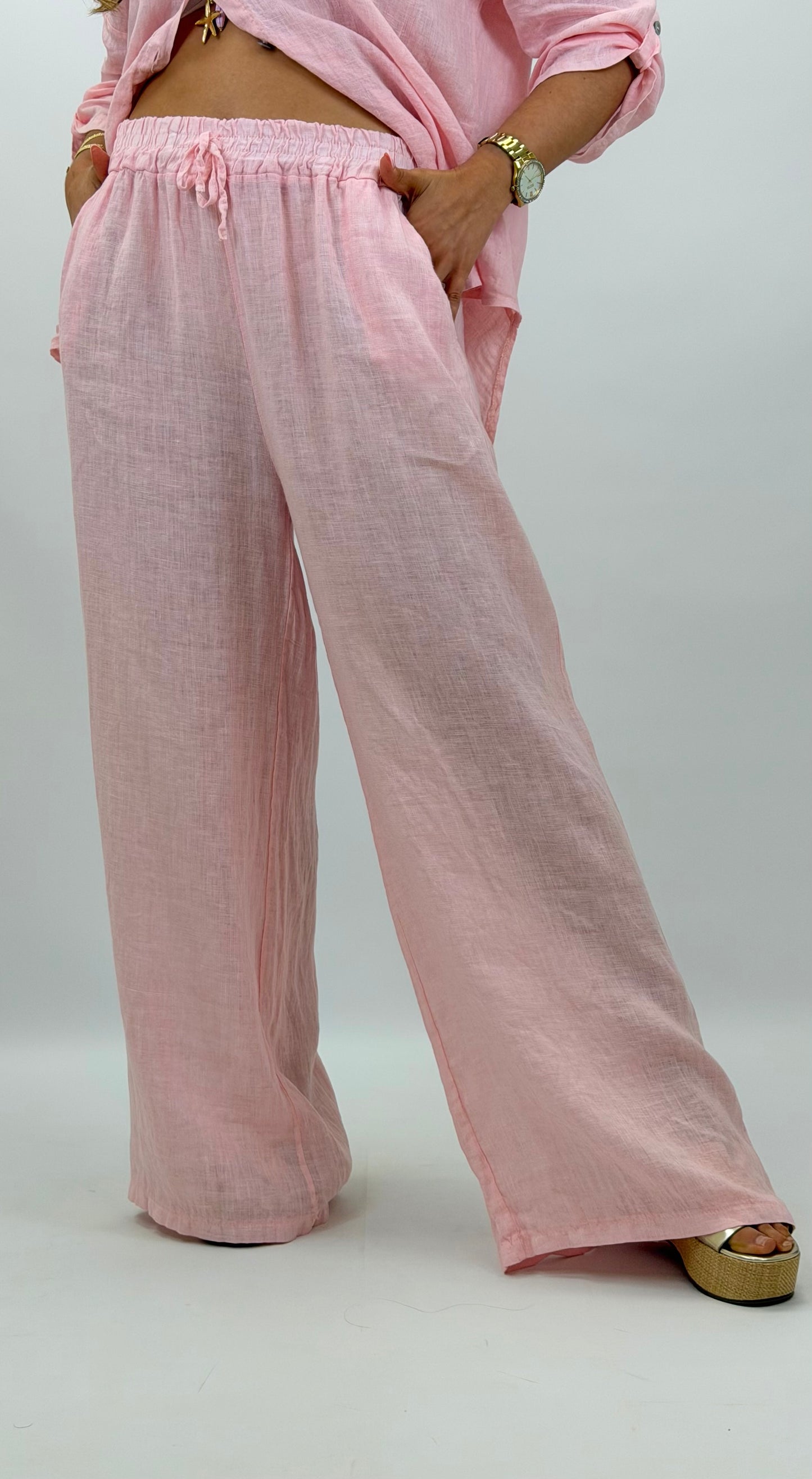 Calça linho rosa-bebé