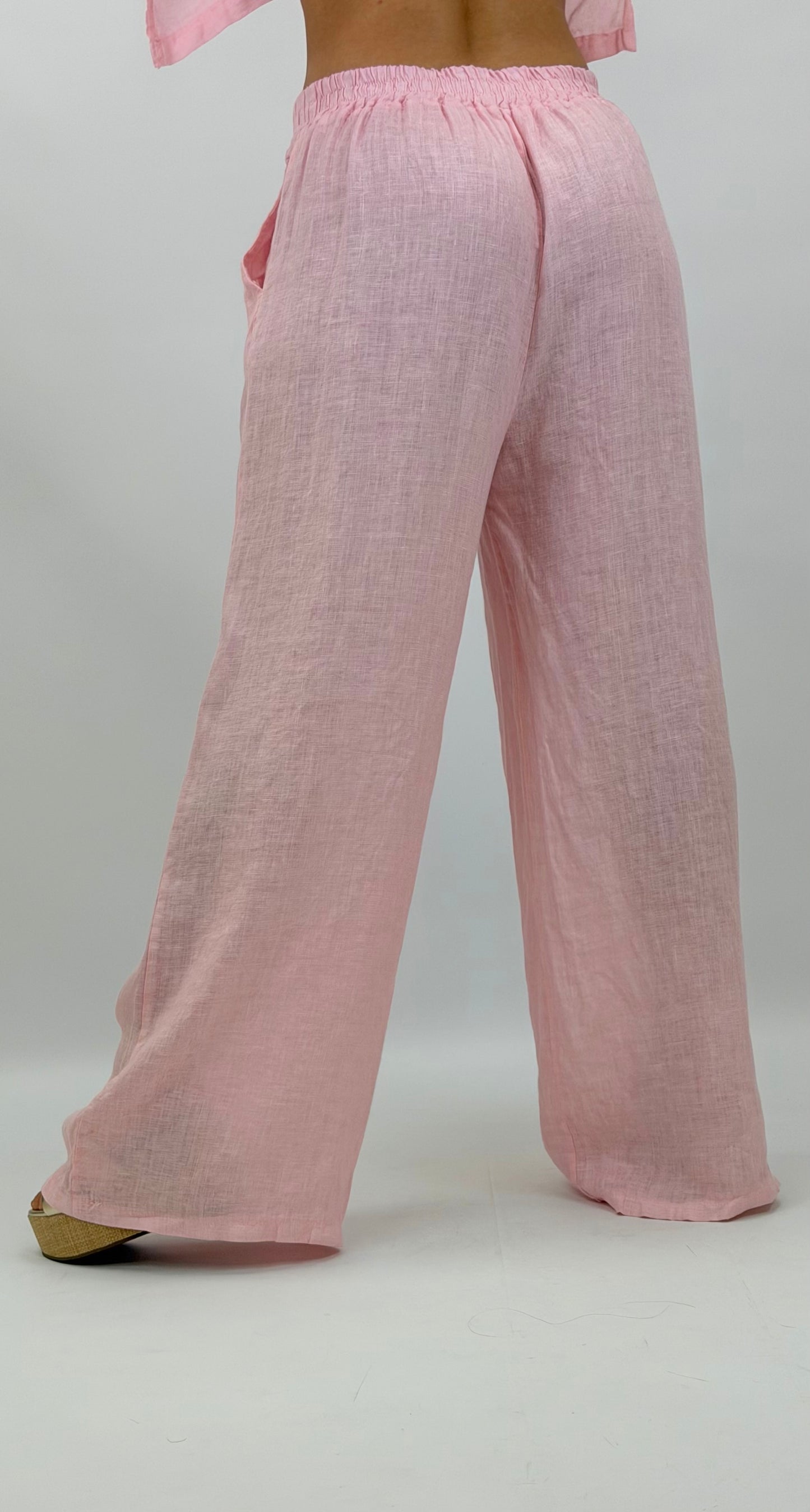 Calça linho rosa-bebé