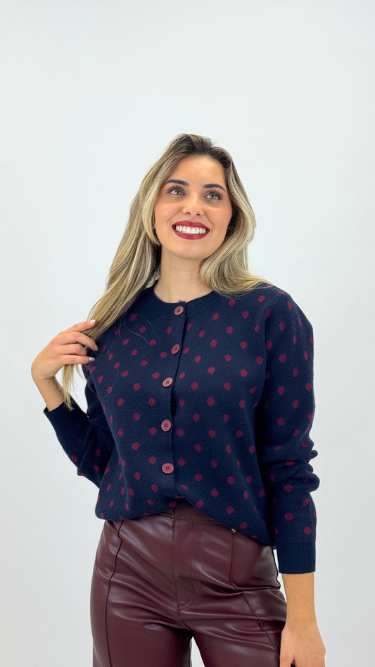Casaco/camisola malha azul-marinho com pintas bordeaux