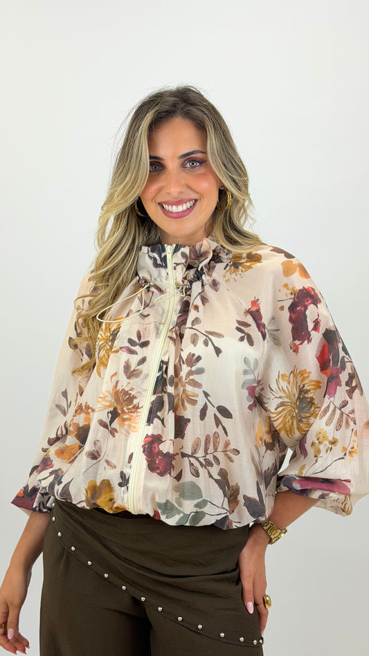 Bomber acetinado translúcido creme estampado floral