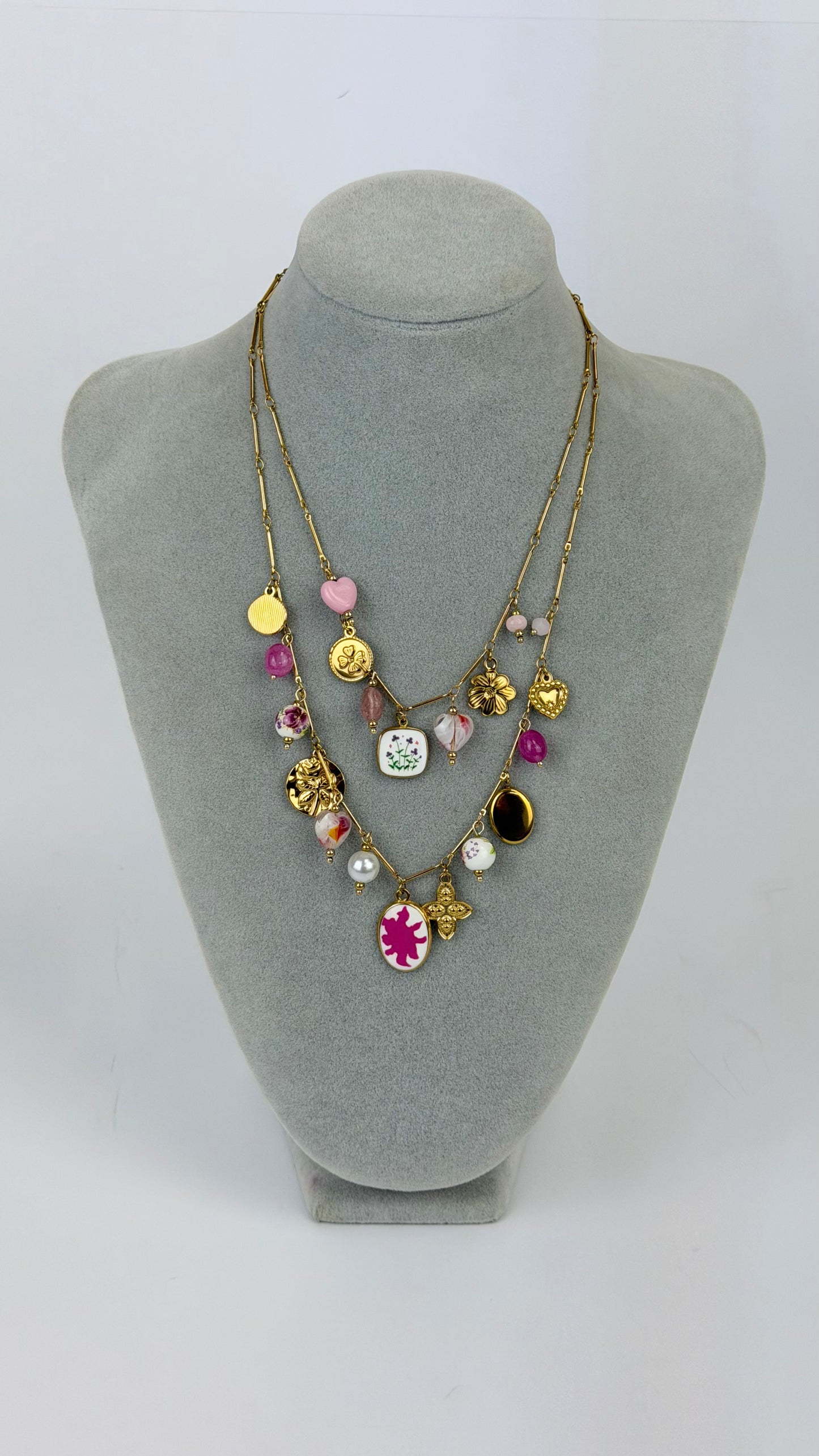 Colar 2 voltas aço dourado pendentes rosa