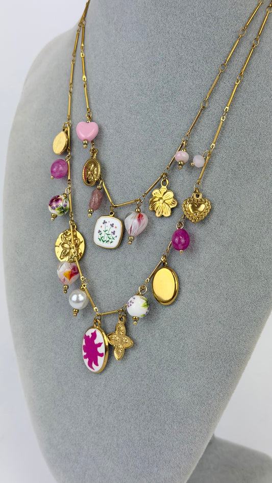 Colar 2 voltas aço dourado pendentes rosa