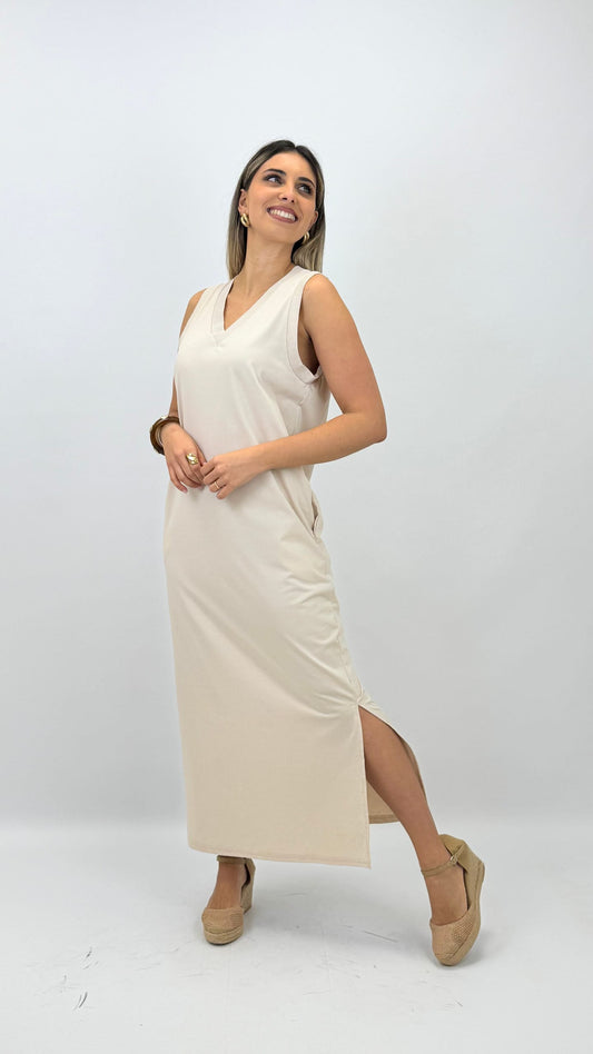 Vestido básico com bolsos Beje