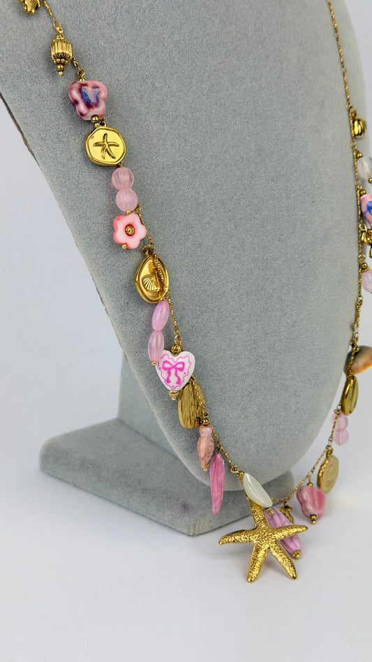 Colar comprido aço dourado pendentes rosa bebé