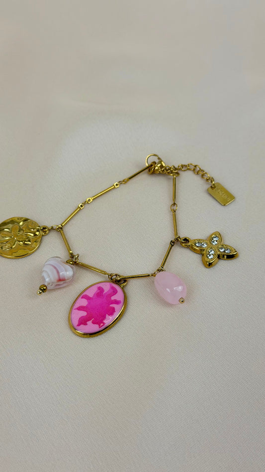 Pulseira aço dourado pendentes rosa