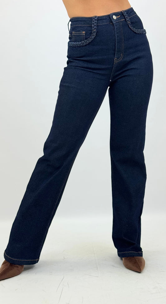 Calça ganga-escura wide-leg com entrançado nos bolsos