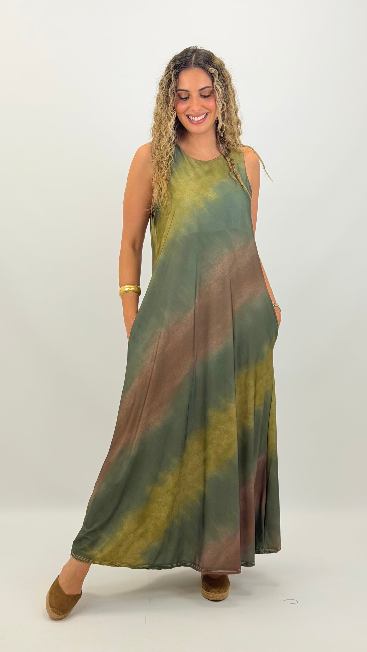 Vestido malha fria degradé tons verde