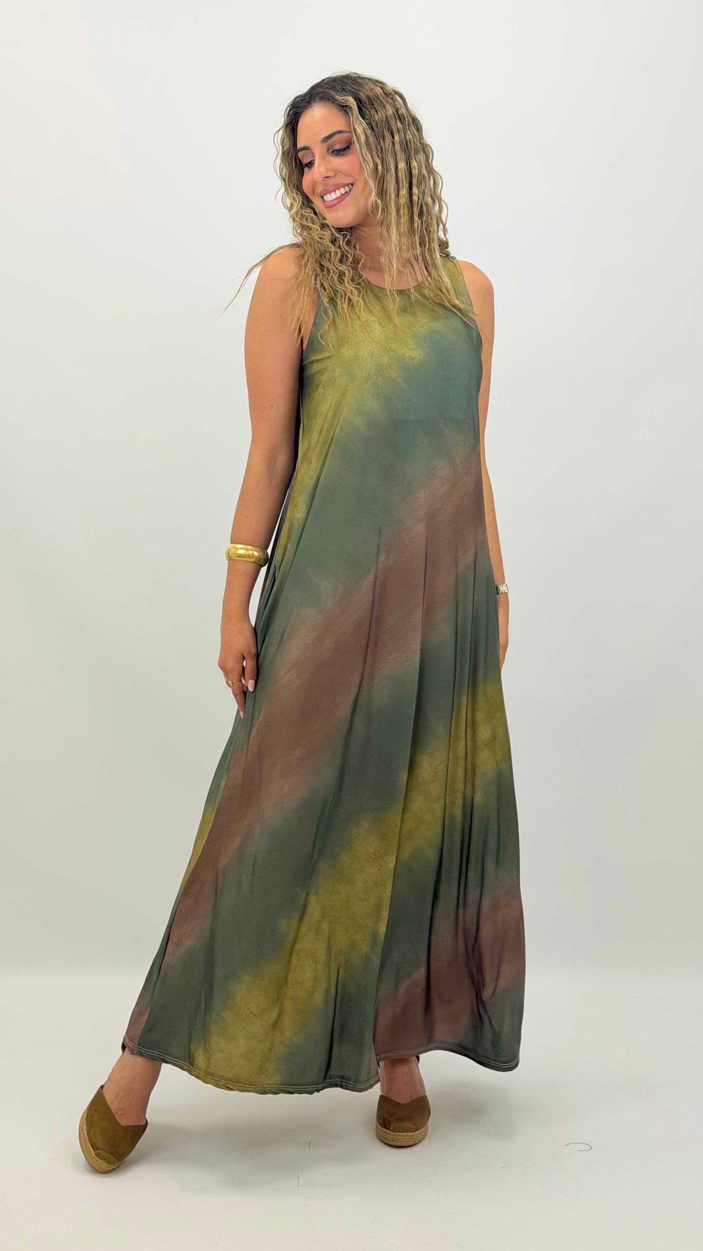 Vestido malha fria degradé tons verde