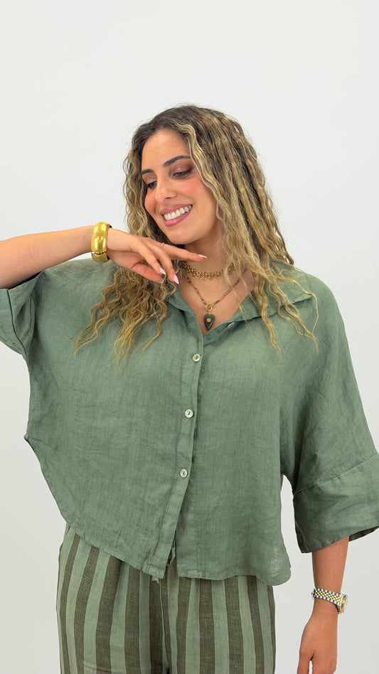 Camisa linho manga 3/4 verde