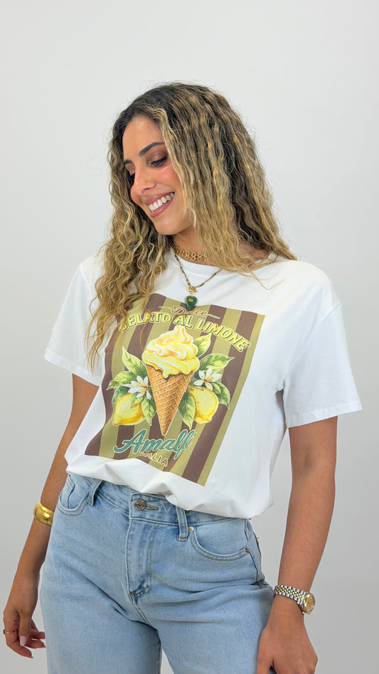 T-shirt branca com estampado gelado limão