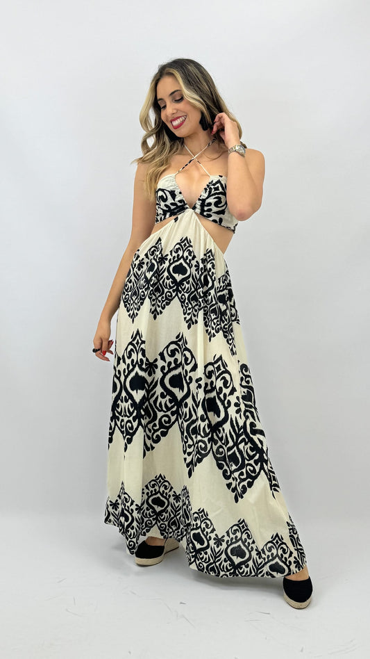 Vestido étnico preto e branco com costas abertas