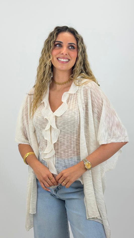 Conjunto casaco e top malha creme com folho