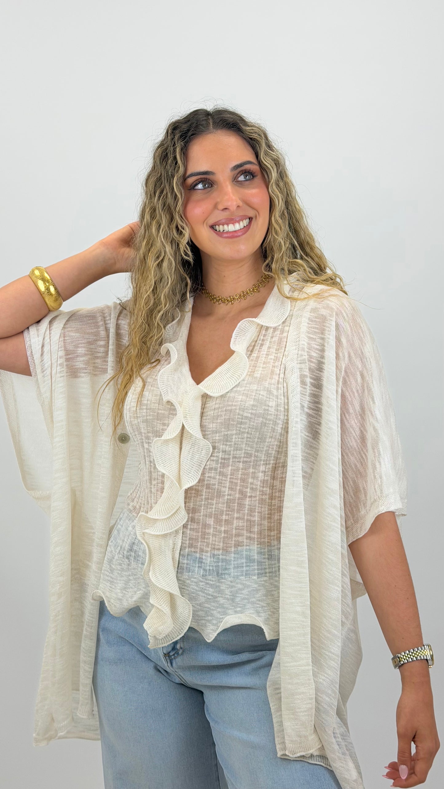 Conjunto casaco e top malha creme com folho