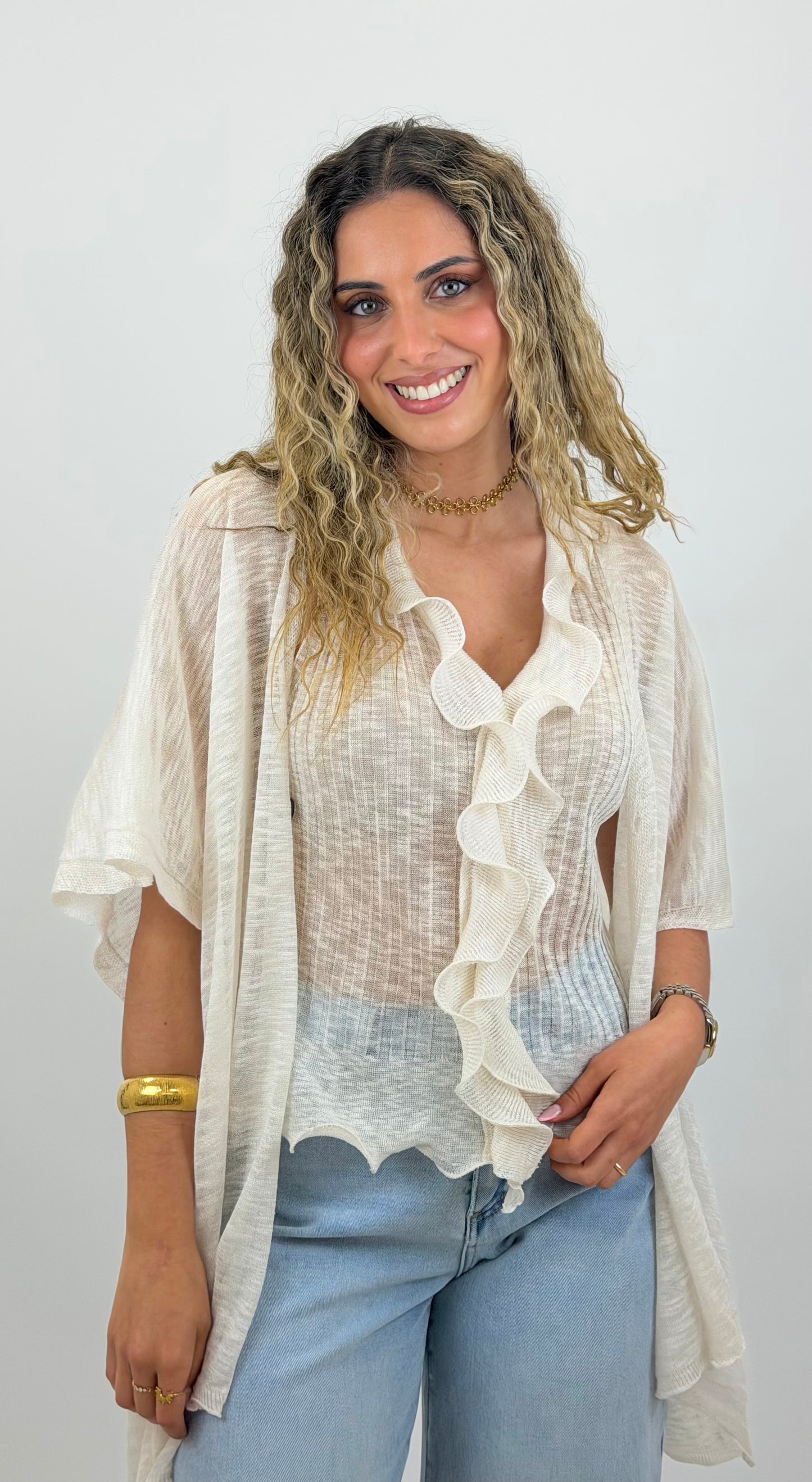 Conjunto casaco e top malha creme com folho