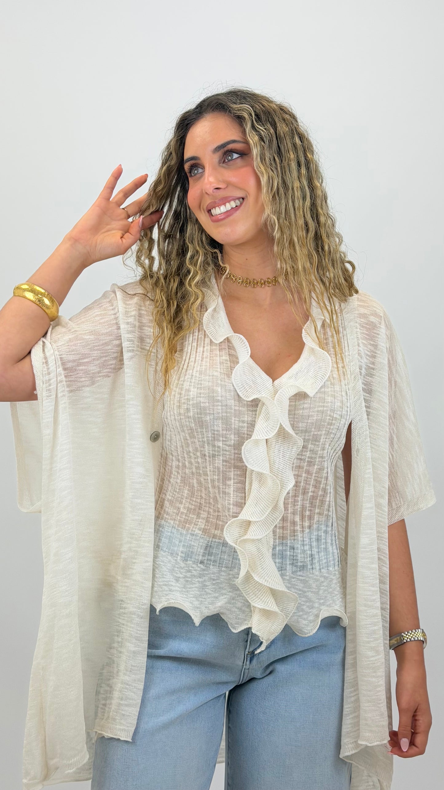 Conjunto casaco e top malha creme com folho