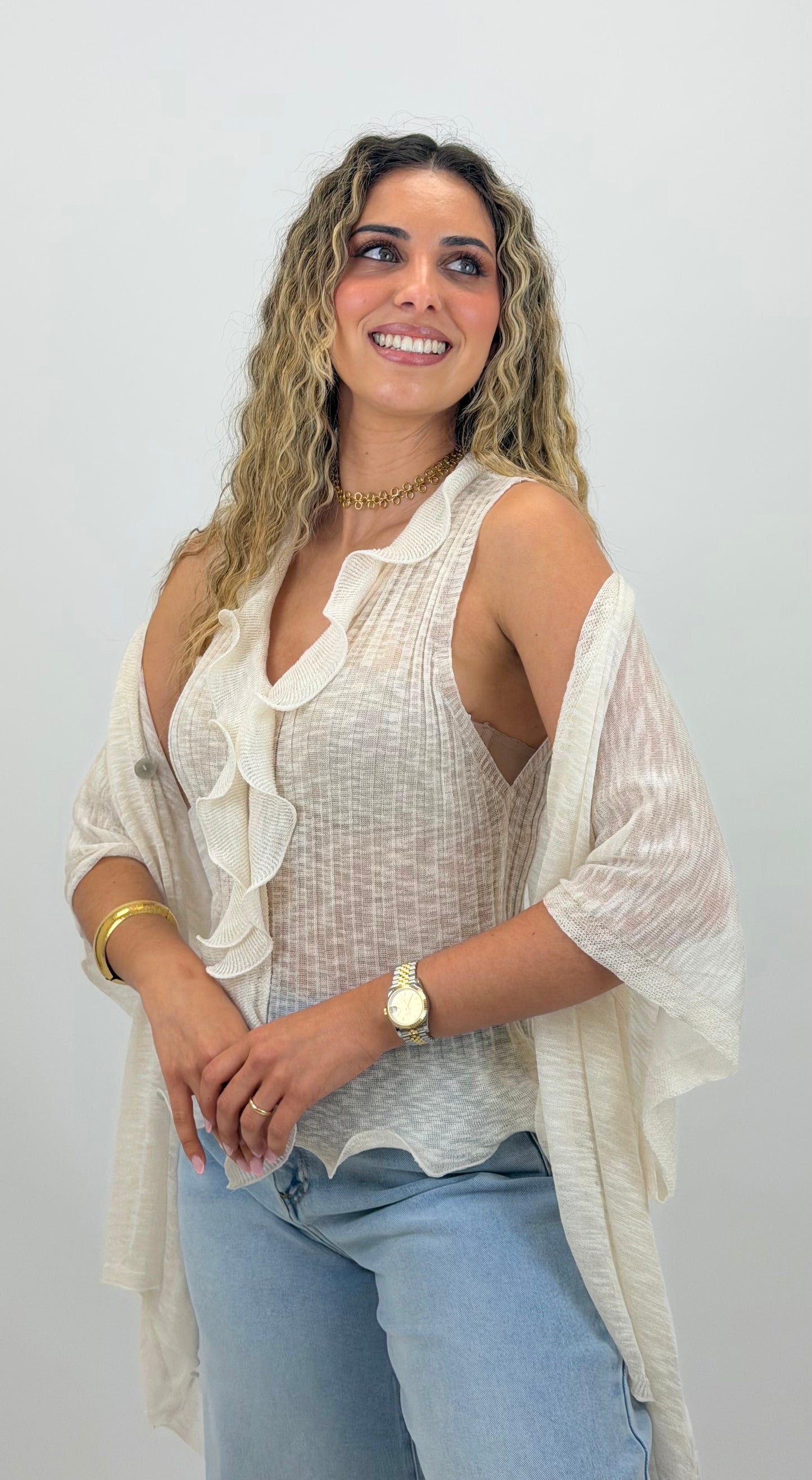 Conjunto casaco e top malha creme com folho