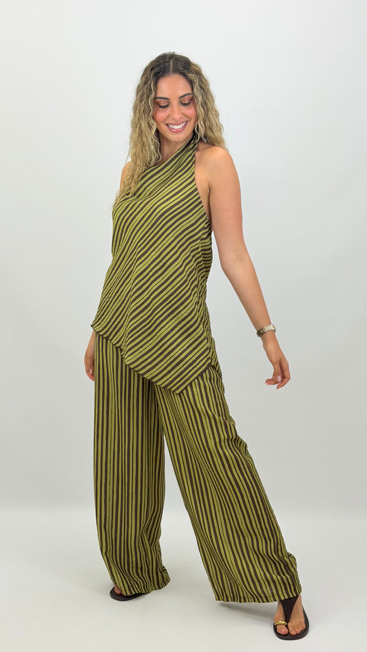 Conjunto top e calça riscas pistachio e castanho