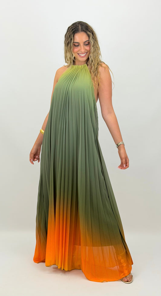 Vestido plissado degradé verde e laranja