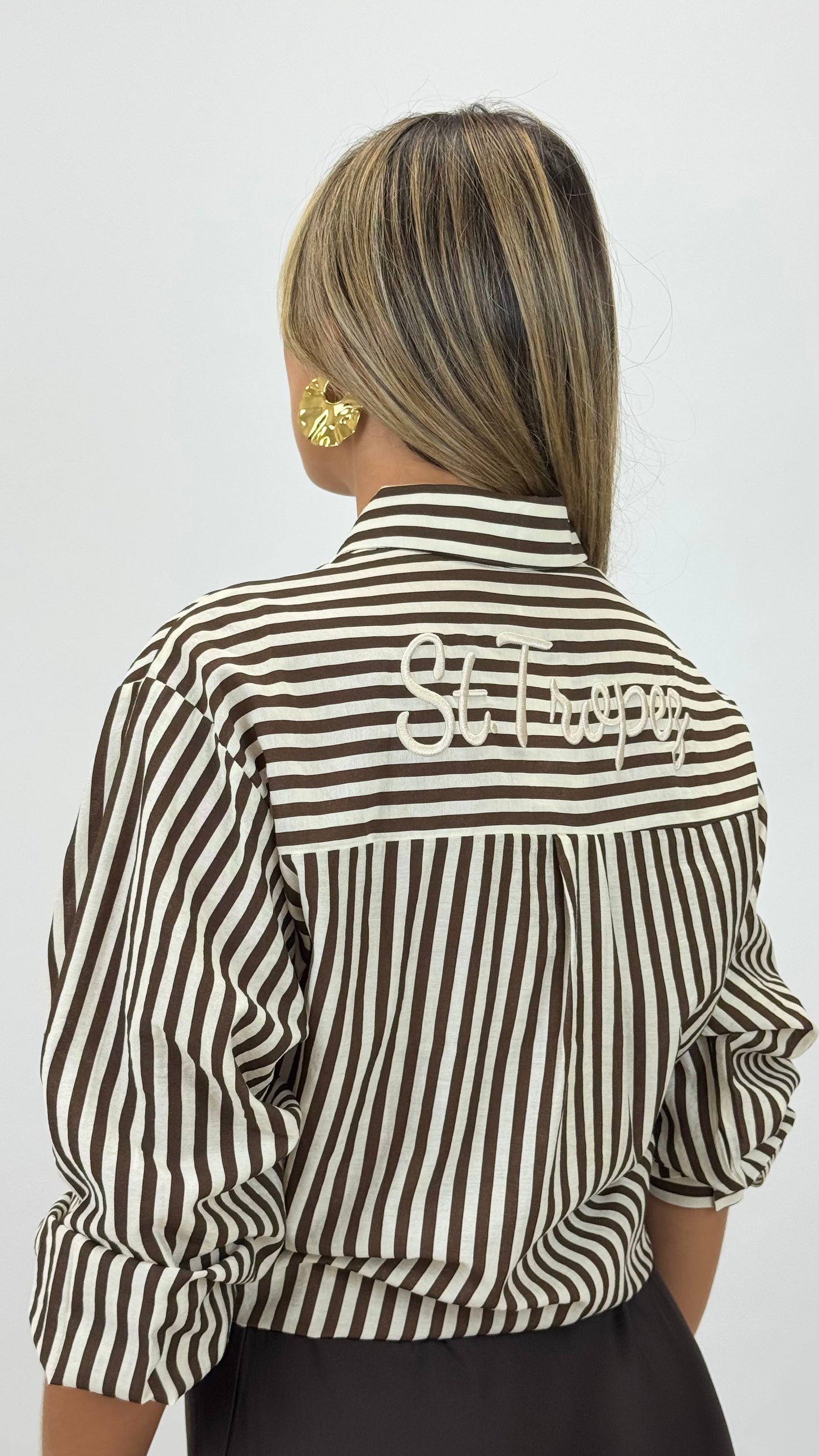 Blusa riscas castanho e pérola