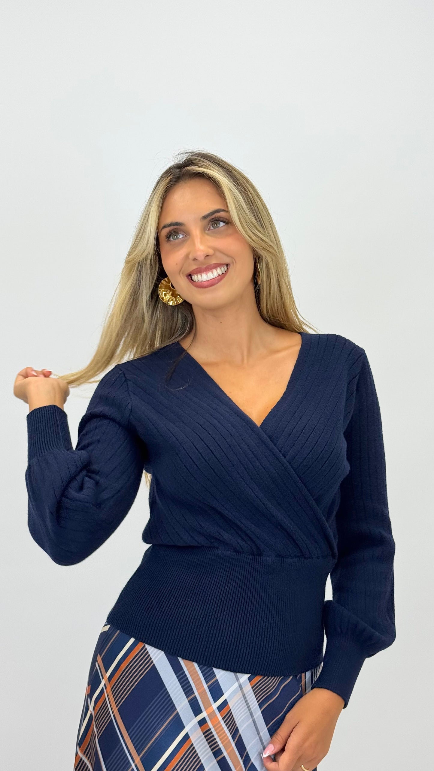 Camisola malha canelada azul-marinho
