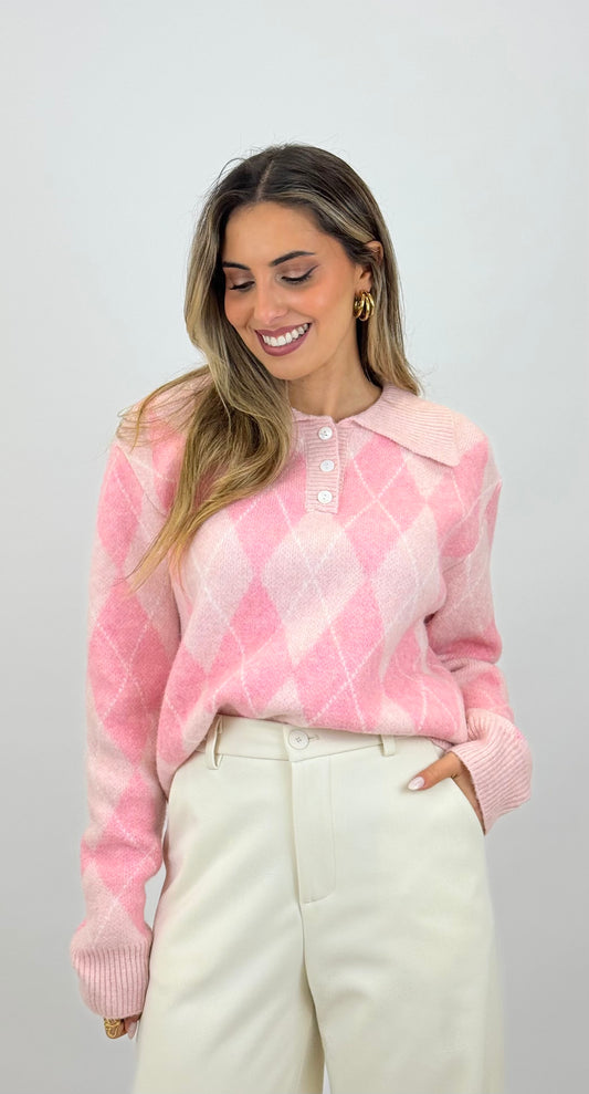 Camisola malha rosa losangos com gola
