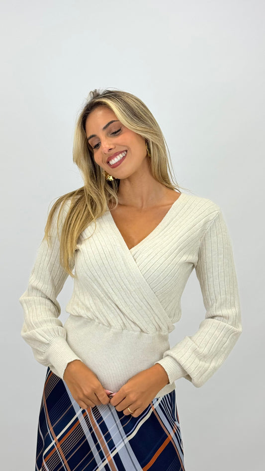 Camisola malha canelada pérola