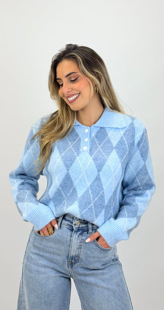 Camisola malha azul losangos com gola