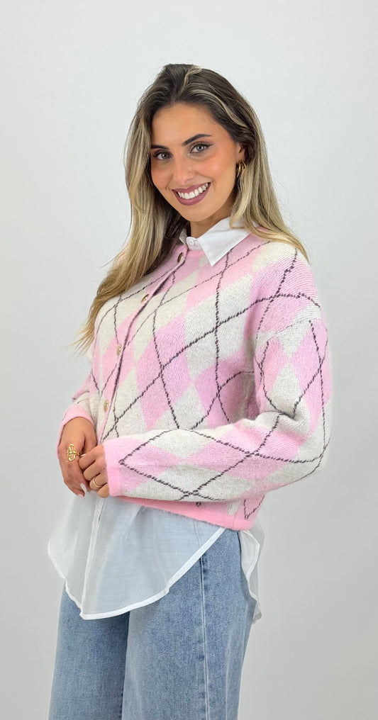 Camisola/casaco losangos rosa e pérola botões dourados