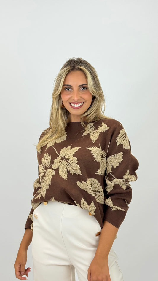 Camisola malha castanho com desenhos em relevo bege