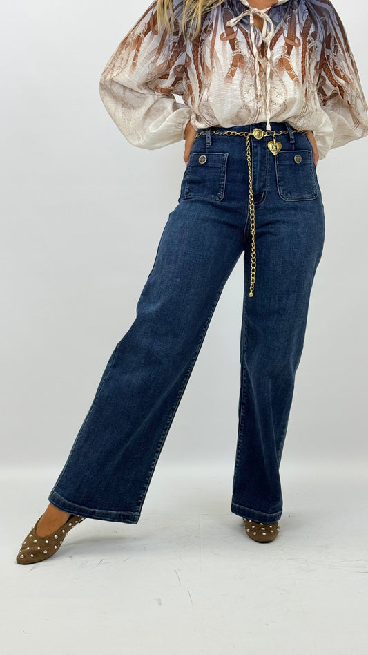 Calça de ganga wide-leg com corrente dourada