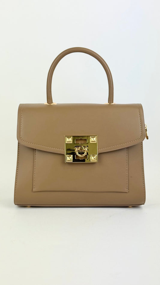 Carteira eco-pele taupe com fecho dourado