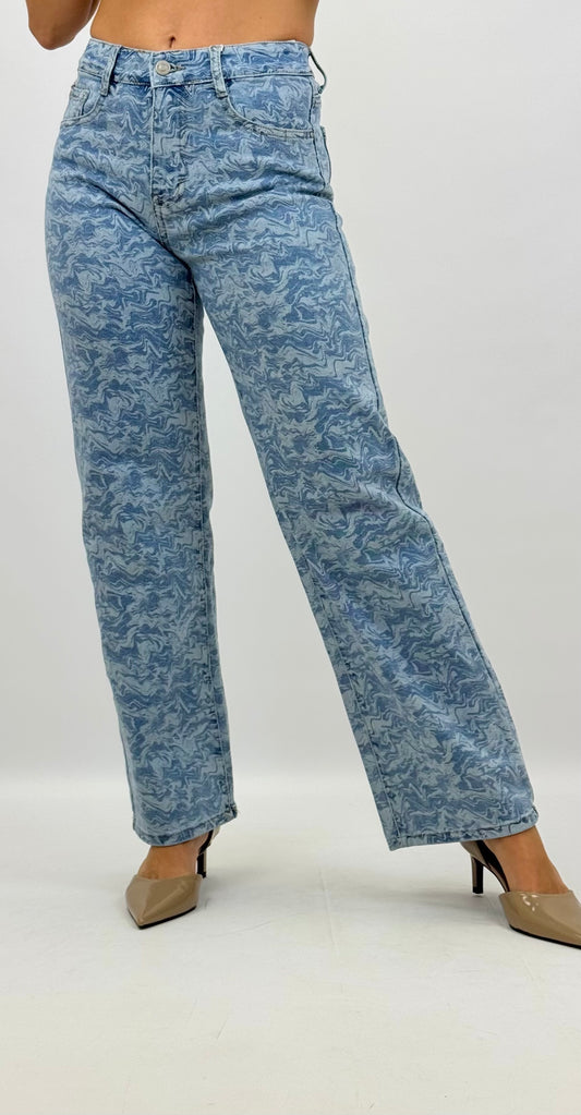 Calça ganga com estampado fluido azul