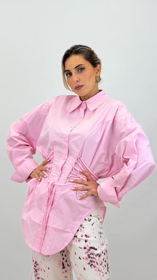 Camisa comprida rosa bebé com cordões