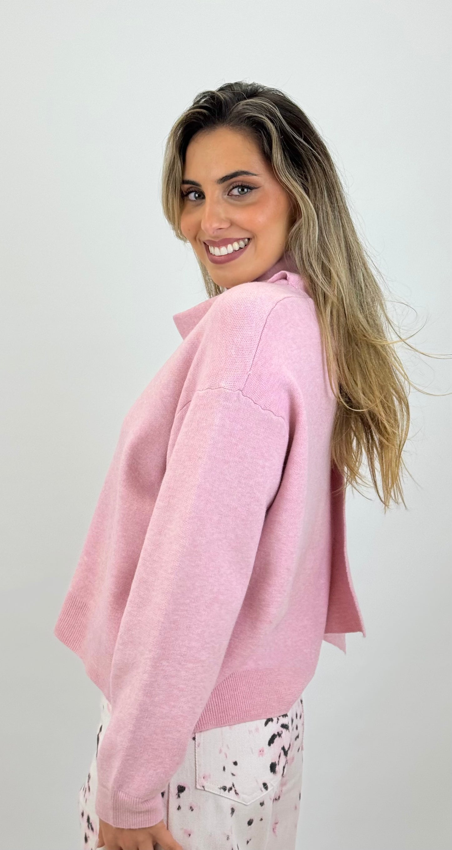 Camisola malha rosa com cachecol