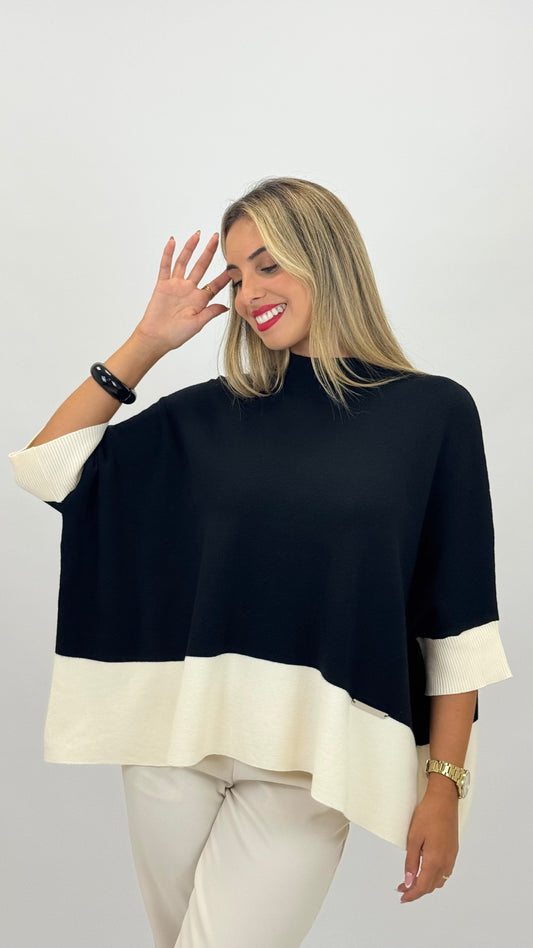 Camisola manga 3/4 preta com barra pérola