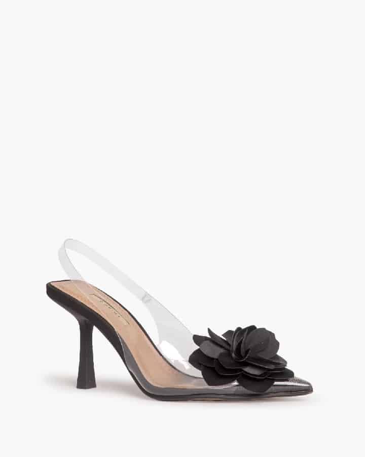Sapato stilleto preto em acrílico com flor preta