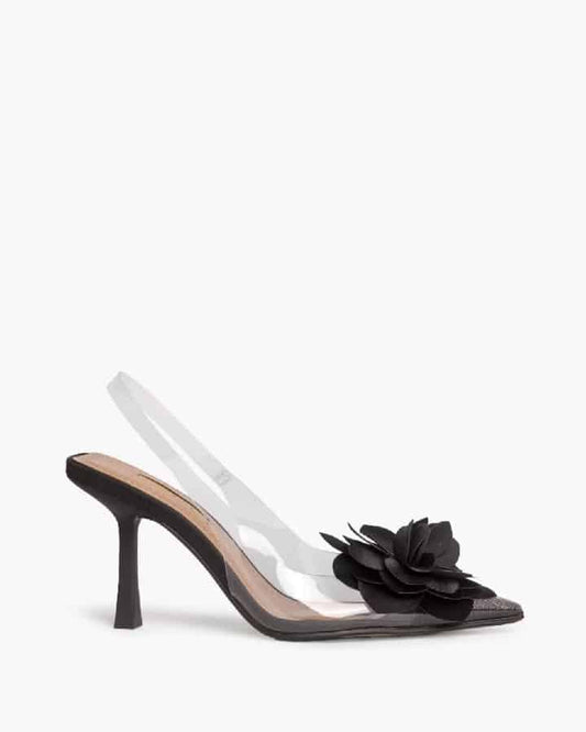 Sapato stilleto preto em acrílico com flor preta