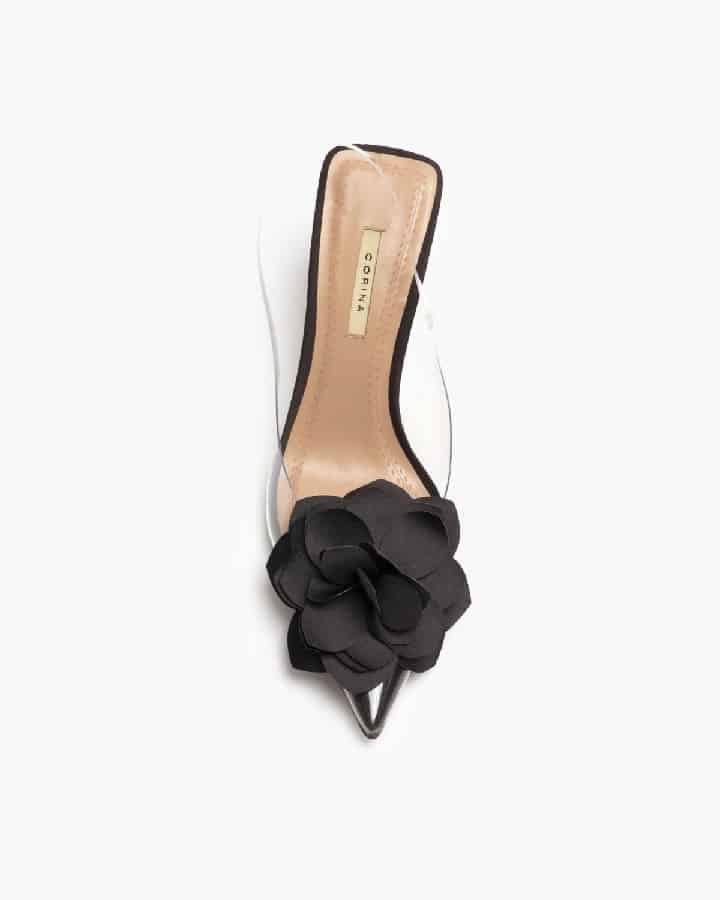 Sapato stilleto preto em acrílico com flor preta