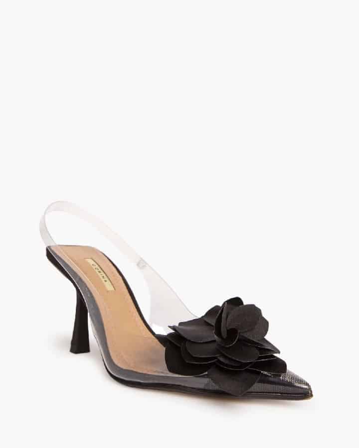 Sapato stilleto preto em acrílico com flor preta