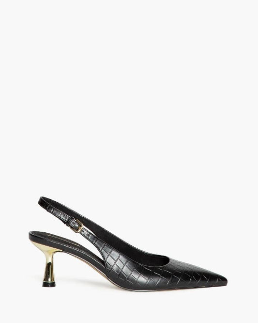Sapato stilleto preto com tacão dourado